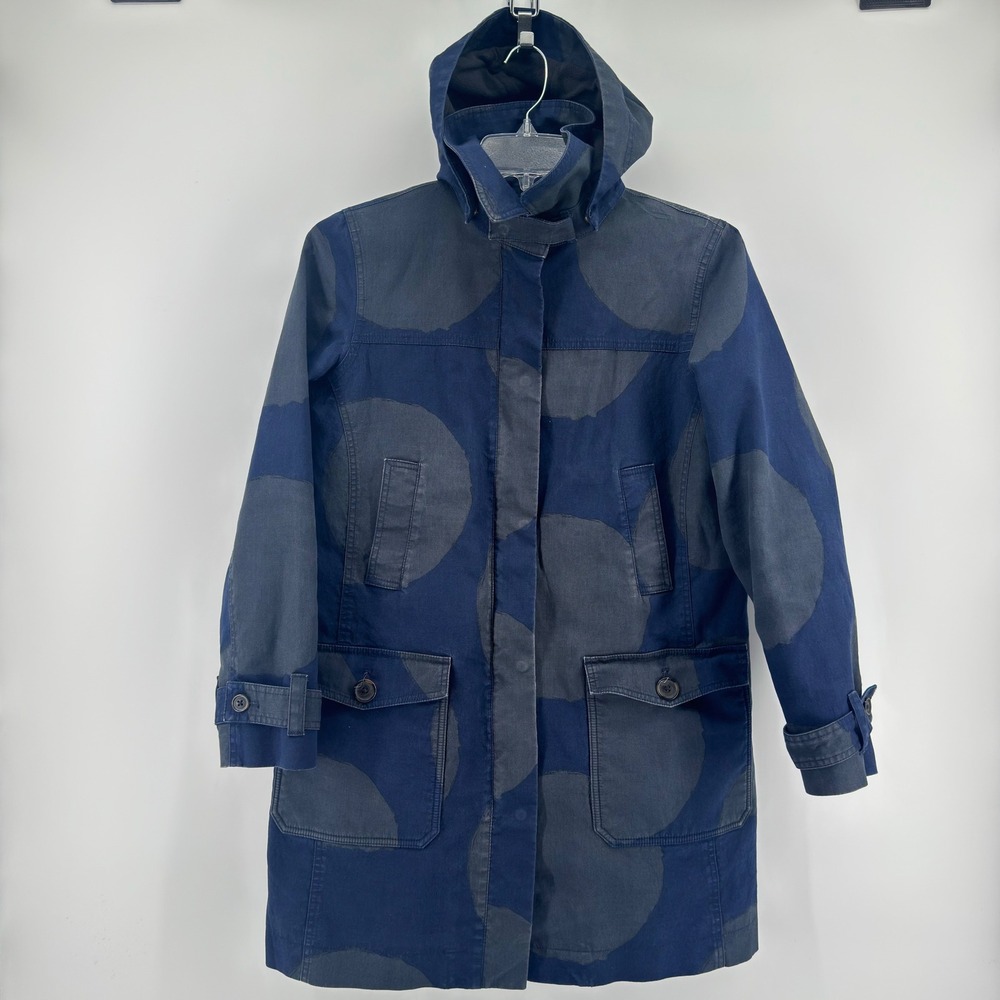 Boden Raincoat Women 10 Blue Grey Circle Print Hooded Longline Fleece Jacket